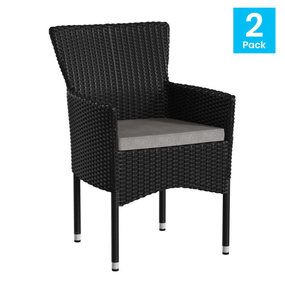 Maxim Modern Black Wicker Patio Armchairs for Deck or Backyard, Fade and Weather-Resistant Frames and Gray Cushions-Set of 2 2-TW-3WBE074-BK-GG