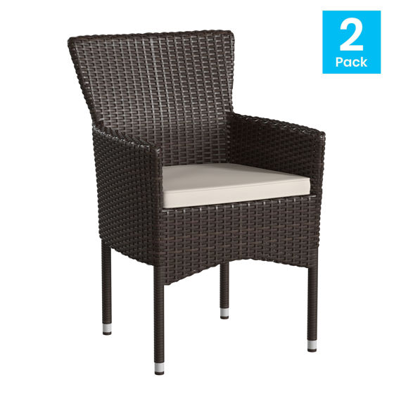 Maxim Modern Espresso Wicker Patio Armchairs for Deck or Backyard, Fade and Weather-Resistant Frames and Cream Cushions-Set of 2 2-TW-3WBE074-BR-GG