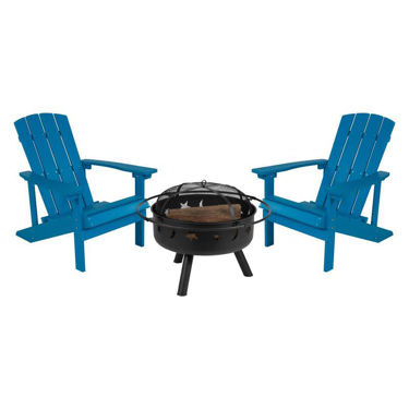 3 Piece Charlestown Blue Poly Resin Wood Adirondack Chair Set with Fire Pit - Star and Moon Fire Pit with Mesh Cover JJ-C145012-32D-BLU-GG