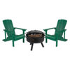 3 Piece Charlestown Green Poly Resin Wood Adirondack Chair Set with Fire Pit - Star and Moon Fire Pit with Mesh Cover JJ-C145012-32D-GRN-GG