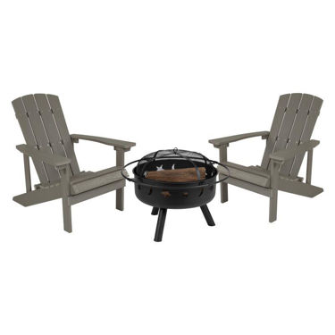 3 Piece Charlestown Gray Poly Resin Wood Adirondack Chair Set with Fire Pit - Star and Moon Fire Pit with Mesh Cover JJ-C145012-32D-LTG-GG