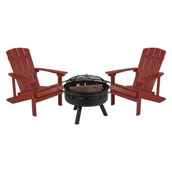 3 Piece Charlestown Red Poly Resin Wood Adirondack Chair Set with Fire Pit - Star and Moon Fire Pit with Mesh Cover JJ-C145012-32D-RED-GG 