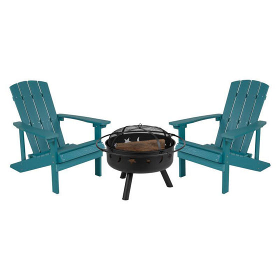 3 Piece Charlestown Sea Foam Poly Resin Wood Adirondack Chair Set with Fire Pit - Star and Moon Fire Pit with Mesh Cover JJ-C145012-32D-SFM-GG