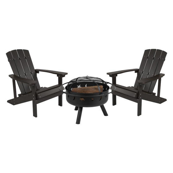 3 Piece Charlestown Slate Gray Poly Resin Wood Adirondack Chair Set with Fire Pit - Star and Moon Fire Pit with Mesh Cover JJ-C145012-32D-SLT-GG