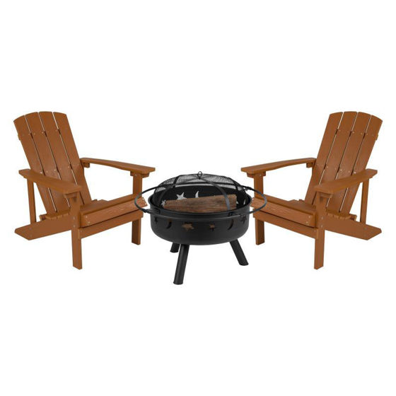 3 Piece Charlestown Teak Poly Resin Wood Adirondack Chair Set with Fire Pit - Star and Moon Fire Pit with Mesh Cover JJ-C145012-32D-TEAK-GG