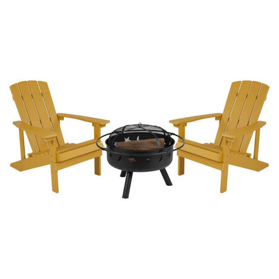 3 Piece Charlestown Yellow Poly Resin Wood Adirondack Chair Set with Fire Pit - Star and Moon Fire Pit with Mesh Cover  JJ-C145012-32D-YLW-GG