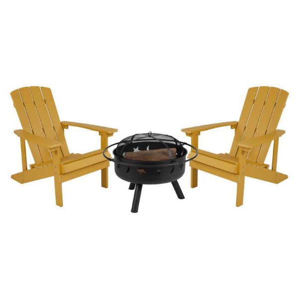 3 Piece Charlestown Yellow Poly Resin Wood Adirondack Chair Set with Fire Pit - Star and Moon Fire Pit with Mesh Cover  JJ-C145012-32D-YLW-GG