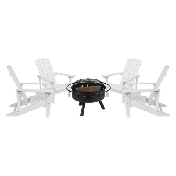 5 Piece Charlestown White Poly Resin Wood Adirondack Chair Set with Fire Pit - Star and Moon Fire Pit with Mesh Cover JJ-C145014-32D-WH-GG 