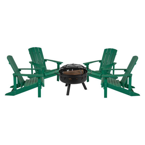 5 Piece Charlestown Green Poly Resin Wood Adirondack Chair Set with Fire Pit - Star and Moon Fire Pit with Mesh Cover JJ-C145014-32D-GRN-GG