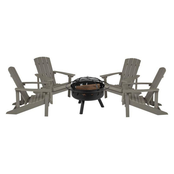 5 Piece Charlestown Gray Poly Resin Wood Adirondack Chair Set with Fire Pit - Star and Moon Fire Pit with Mesh Cover JJ-C145014-32D-LTG-GG