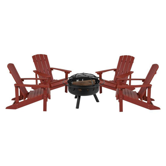 5 Piece Charlestown Red Poly Resin Wood Adirondack Chair Set with Fire Pit - Star and Moon Fire Pit with Mesh Cover JJ-C145014-32D-RED-GG 