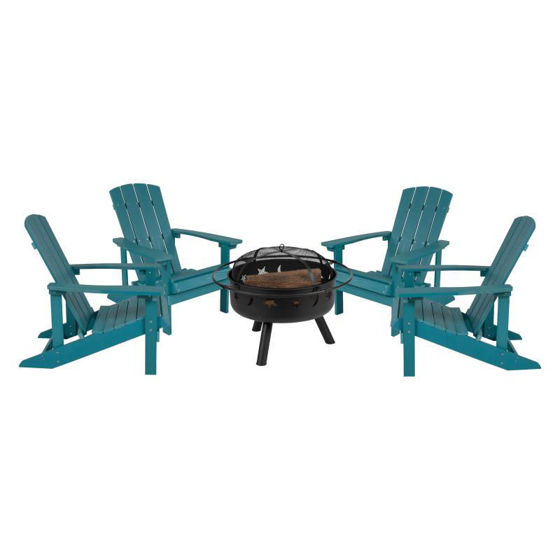 5 Piece Charlestown Sea Foam Poly Resin Wood Adirondack Chair Set with Fire Pit - Star and Moon Fire Pit with Mesh Cover JJ-C145014-32D-SFM-GG