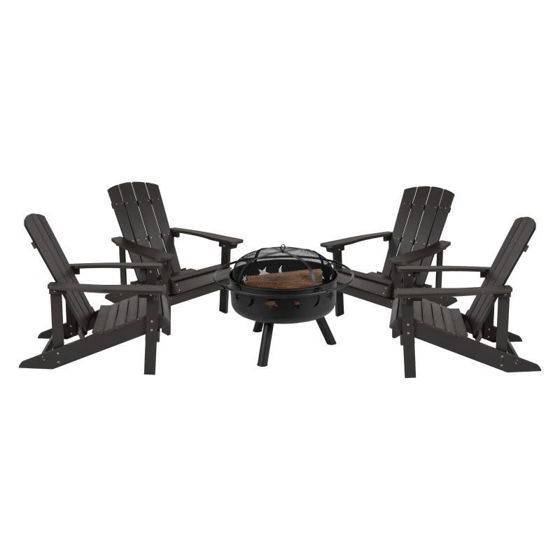 5 Piece Charlestown Slate Gray Poly Resin Wood Adirondack Chair Set with Fire Pit - Star and Moon Fire Pit with Mesh Cover JJ-C145014-32D-SLT-GG 