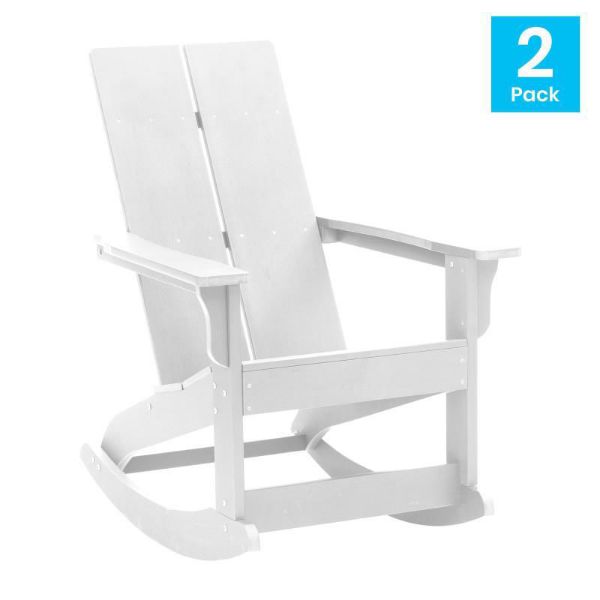 Finn Modern All-Weather 2-Slat Poly Resin Rocking Adirondack Chair with Rust Resistant Stainless Steel Hardware in White - Set of2 JJ-C14709-WH-2-GG
