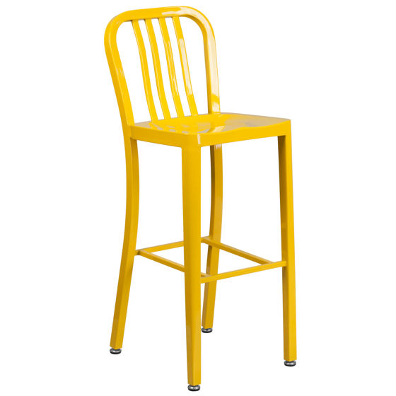 Gael Commercial Grade 30" High Yellow Metal Indoor-Outdoor Barstool with Vertical Slat Back CH-61200-30-YL-GG