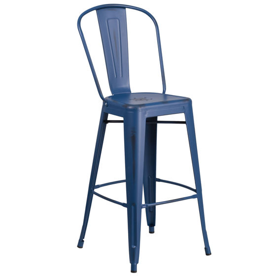Commercial Grade 30" High Distressed Antique Blue Metal Indoor-Outdoor Barstool with Back ET-3534-30-AB-GG