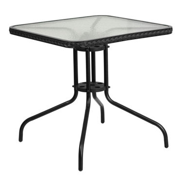 Barker 28'' Square Tempered Glass Metal Table with Black Rattan Edging TLH-073R-BK-GG