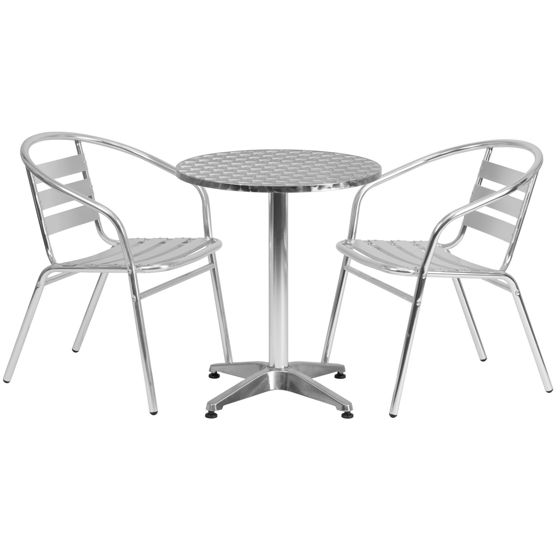 Lila 23.5'' Round Aluminum Indoor-Outdoor Table Set with 2 Slat Back Chairs TLH-ALUM-24RD-017BCHR2-GG