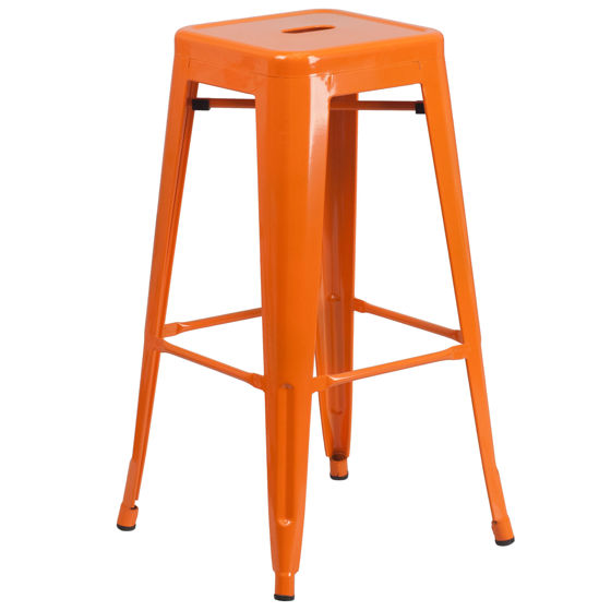 Kai Commercial Grade 30" High Backless Orange Metal Indoor-Outdoor Barstool with Square Seat CH-31320-30-OR-GG