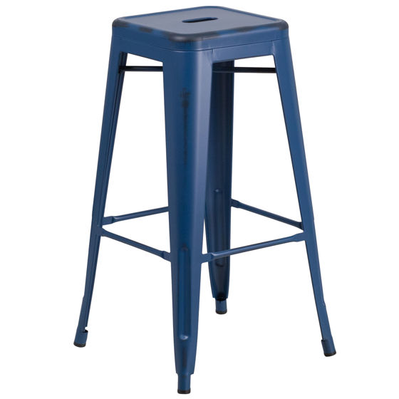 Kai Commercial Grade 30" High Backless Distressed Antique Blue Metal Indoor-Outdoor Barstool ET-BT3503-30-AB-GG