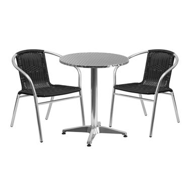 Lila 23.5'' Round Aluminum Indoor-Outdoor Table Set with 2 Black Rattan Chairs TLH-ALUM-24RD-020BKCHR2-GG
