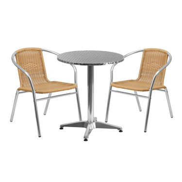 Lila 23.5'' Round Aluminum Indoor-Outdoor Table Set with 2 Beige Rattan Chairs TLH-ALUM-24RD-020BGECHR2-GG
