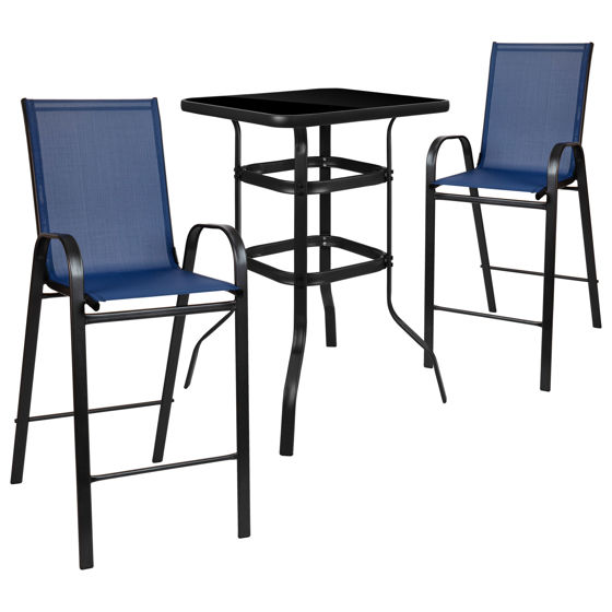 Brazos Outdoor Dining Set - 2-Person Bistro Set - Brazos Outdoor Glass Bar Table with Navy All-Weather Patio Stools TLH-073H092H-NV-GG