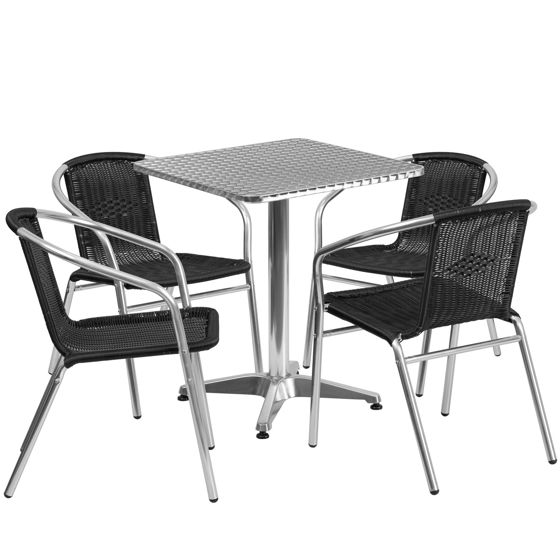 Lila 23.5'' Square Aluminum Indoor-Outdoor Table Set with 4 Black Rattan Chairs TLH-ALUM-24SQ-020BKCHR4-GG
