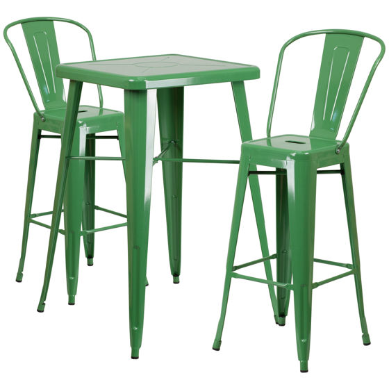 Commercial Grade 23.75" Square Green Metal Indoor-Outdoor Bar Table Set with 2 Stools with Backs CH-31330B-2-30GB-GN-GG