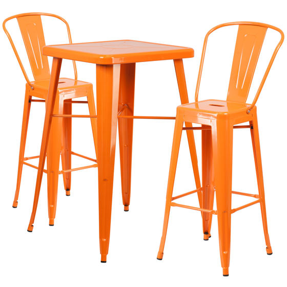 Commercial Grade 23.75" Square Orange Metal Indoor-Outdoor Bar Table Set with 2 Stools with Backs CH-31330B-2-30GB-OR-GG