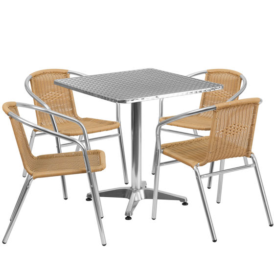 Lila 27.5'' Square Aluminum Indoor-Outdoor Table Set with 4 Beige Rattan Chairs TLH-ALUM-28SQ-020BGECHR4-GG