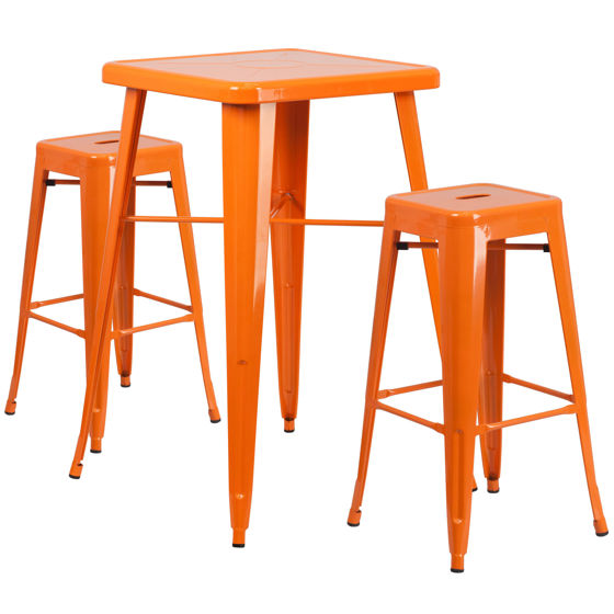 Commercial Grade 23.75" Square Orange Metal Indoor-Outdoor Bar Table Set with 2 Square Seat Backless Stools CH-31330B-2-30SQ-OR-GG