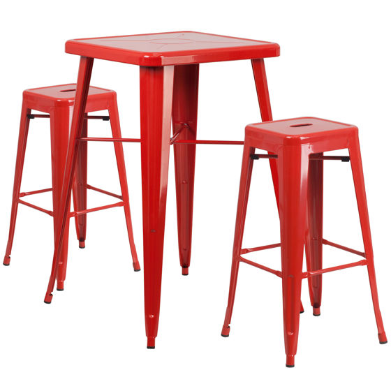 Commercial Grade 23.75" Square Red Metal Indoor-Outdoor Bar Table Set with 2 Square Seat Backless Stools CH-31330B-2-30SQ-RED-GG