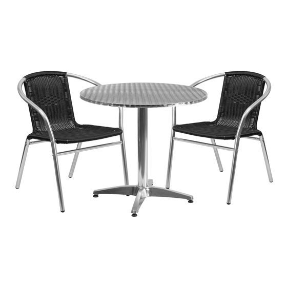 Lila 31.5'' Round Aluminum Indoor-Outdoor Table Set with 2 Black Rattan Chairs TLH-ALUM-32RD-020BKCHR2-GG