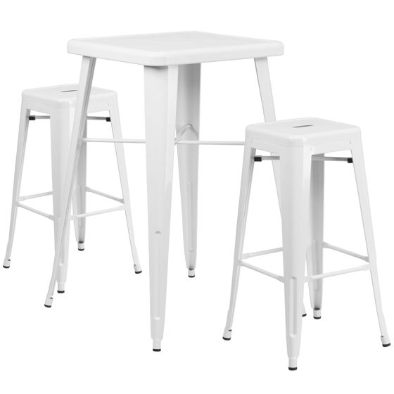 Commercial Grade 23.75" Square White Metal Indoor-Outdoor Bar Table Set with 2 Square Seat Backless Stools CH-31330B-2-30SQ-WH-GG