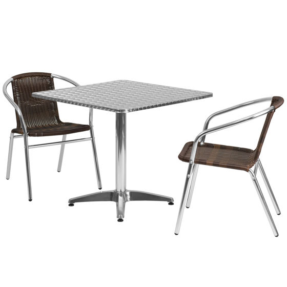 Lila 31.5'' Square Aluminum Indoor-Outdoor Table Set with 2 Dark Brown Rattan Chairs TLH-ALUM-32SQ-020CHR2-GG