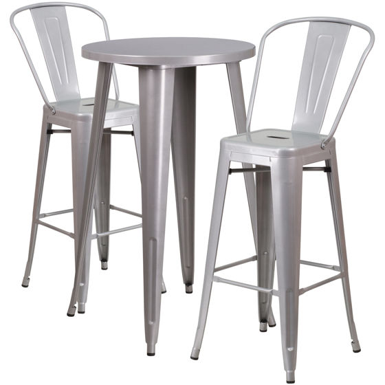 Commercial Grad e 24" Round Silver Metal Indoor-Outdoor Bar Table Set with 2 Cafe Stools CH-51080BH-2-30CAFE-SIL-GG