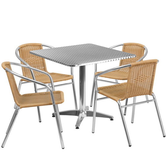 Lila 31.5'' Square Aluminum Indoor-Outdoor Table Set with 4 Beige Rattan Chairs TLH-ALUM-32SQ-020BGECHR4-GG