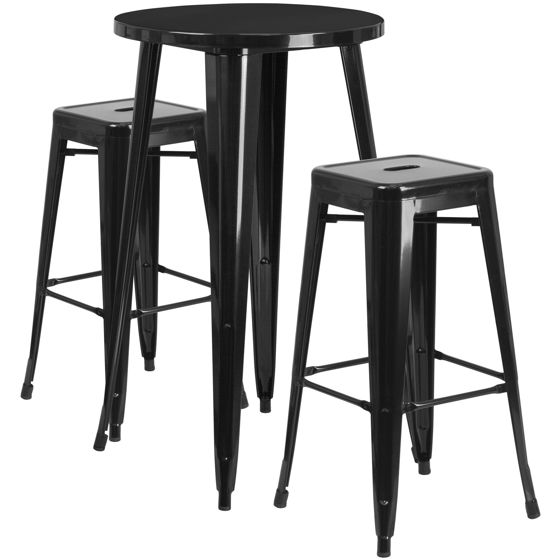 Commercial Grade 24" Round Black Metal Indoor-Outdoor Bar Table Set with 2 Square Seat Backless Stools CH-51080BH-2-30SQST-BK-GG