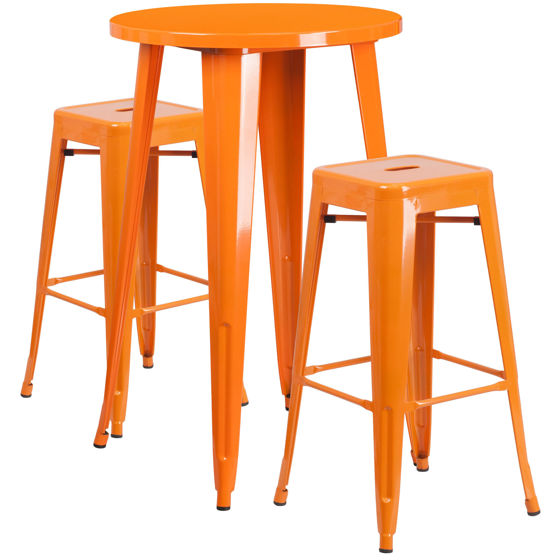 Commercial Grade 24" Round Orange Metal Indoor-Outdoor Bar Table Set with 2 Square Seat Backless Stools CH-51080BH-2-30SQST-OR-GG