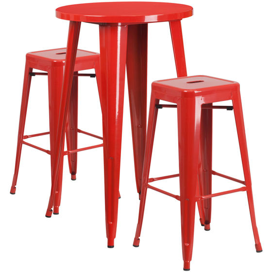 Commercial Grade 24" Round Red Metal Indoor-Outdoor Bar Table Set with 2 Square Seat Backless Stools CH-51080BH-2-30SQST-RED-GG