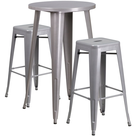 Commercial Grade 24" Round Silver Metal Indoor-Outdoor Bar Table Set with 2 Square Seat Backless Stools CH-51080BH-2-30SQST-SIL-GG