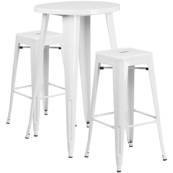 Commercial Grade 24" Round White Metal Indoor-Outdoor Bar Table Set with 2 Square Seat Backless Stools CH-51080BH-2-30SQST-WH-GG