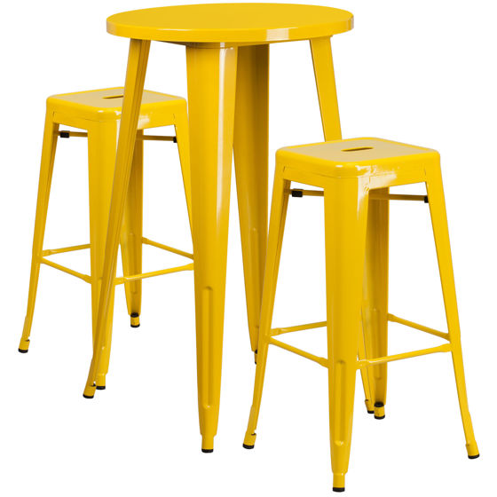 Commercial Grade 24" Round Yellow Metal Indoor-Outdoor Bar Table Set with 2 Square Seat Backless Stools CH-51080BH-2-30SQST-YL-GG