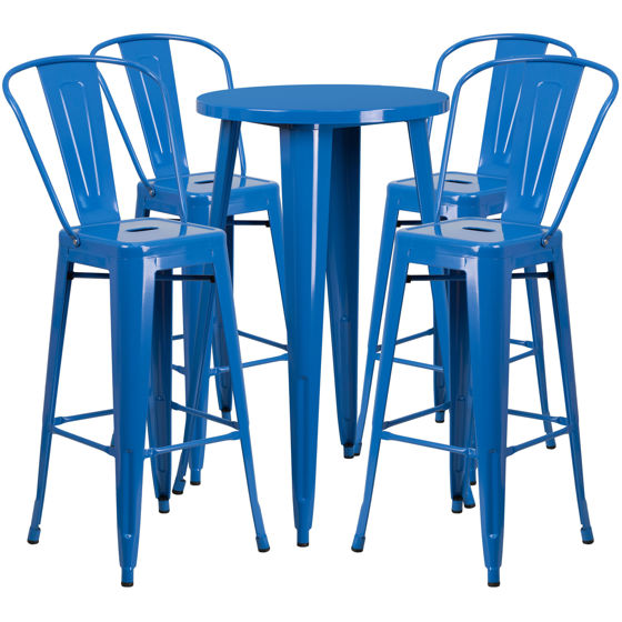 Commercial Grade 24" Round Blue Metal Indoor-Outdoor Bar Table Set with 4 Cafe Stools CH-51080BH-4-30CAFE-BL-GG