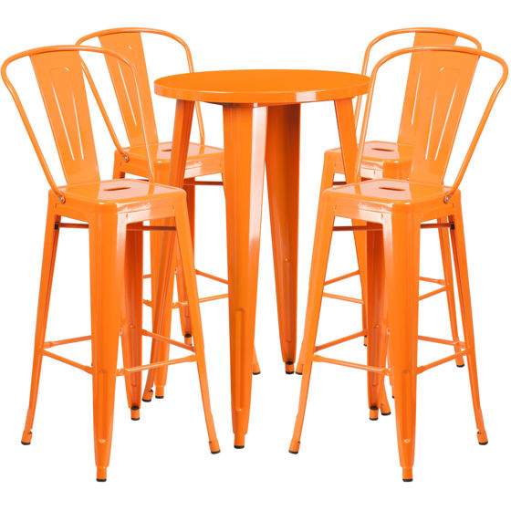 Commercial Grade 24" Round Orange Metal Indoor-Outdoor Bar Table Set with 4 Cafe Stools CH-51080BH-4-30CAFE-OR-GG