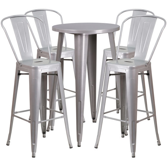 Commercial Grade 24" Round Silver Metal Indoor-Outdoor Bar Table Set with 4 Cafe Stools CH-51080BH-4-30CAFE-SIL-GG