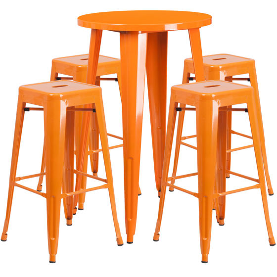 Commercial Grade 24" Round Orange Metal Indoor-Outdoor Bar Table Set with 4 Square Seat Backless Stools CH-51080BH-4-30SQST-OR-GG