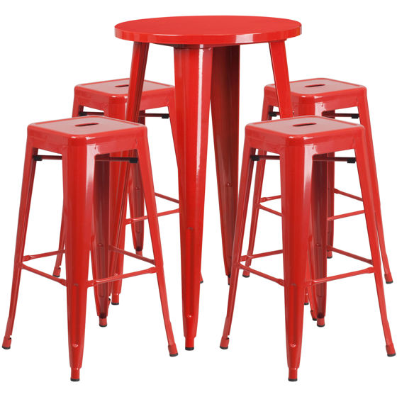 Commercial Grade 24" Round Red Metal Indoor-Outdoor Bar Table Set with 4 Square Seat Backless Stools CH-51080BH-4-30SQST-RED-GG