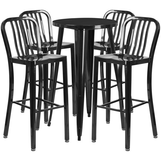 Commercial Grade 24" Round Black Metal Indoor-Outdoor Bar Table Set with 4 Vertical Slat Back Stools CH-51080BH-4-30VRT-BK-GG